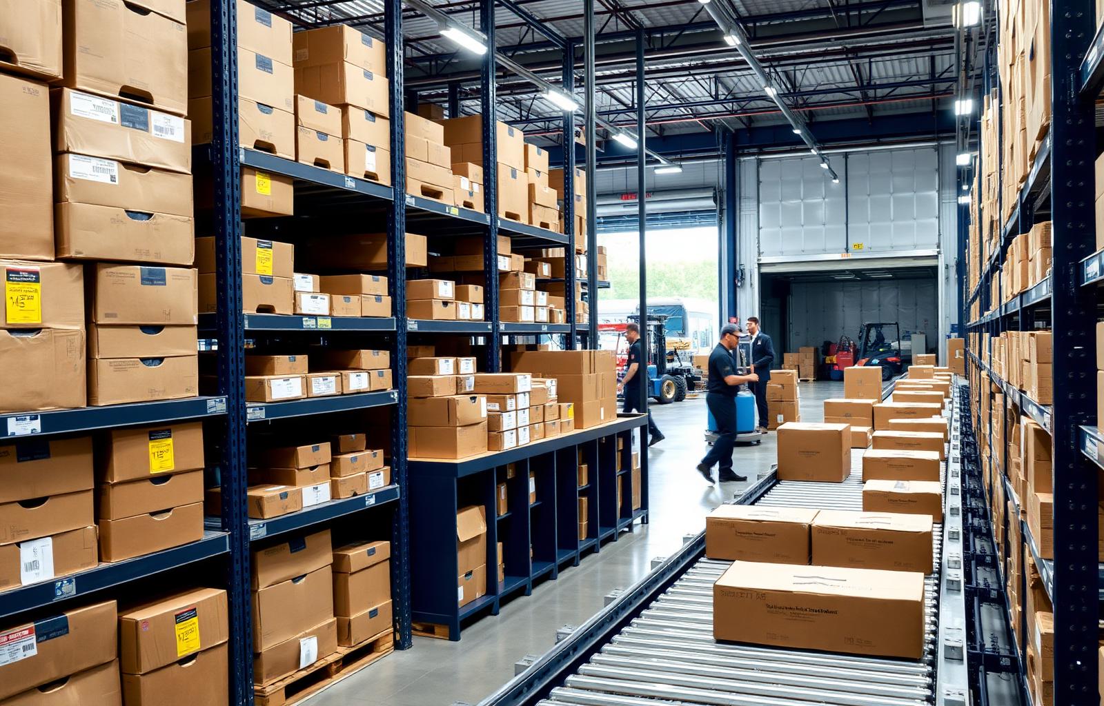 Swift Global fulfillment warehouse with shelving, conveyor, and shipping bays